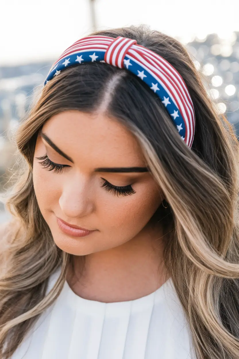 july nails ideas 2025 Soft Waves & a Flag-Inspired Headband