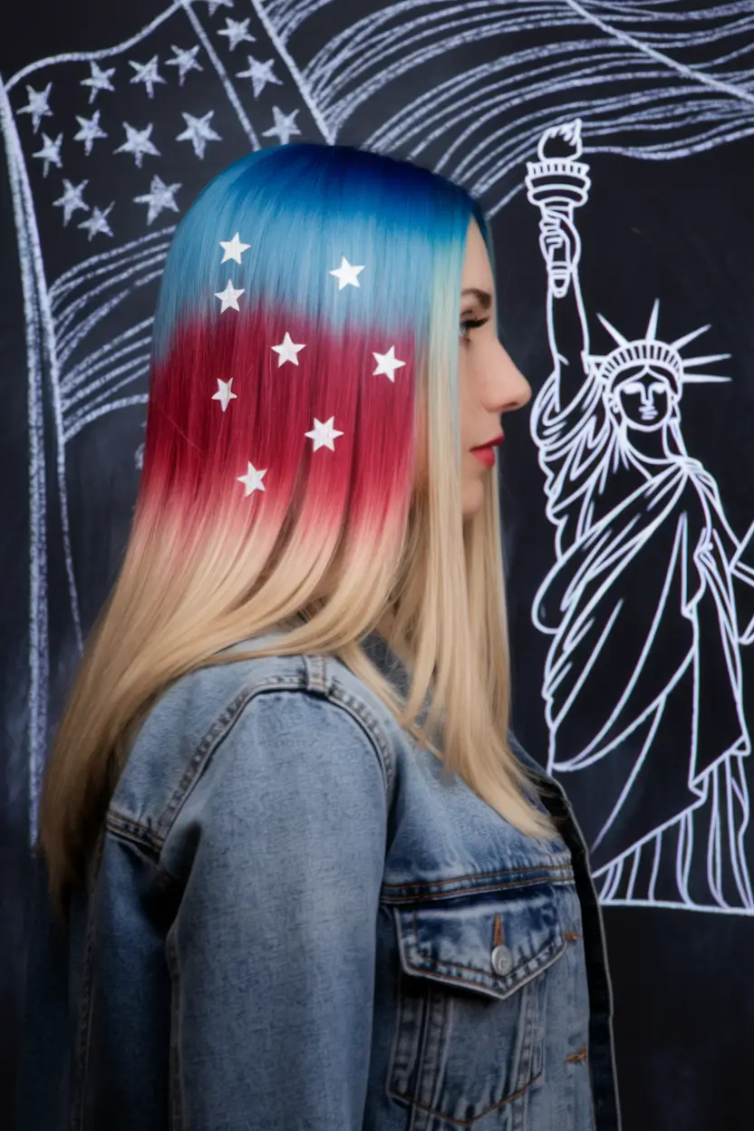 july nails ideas 2025 Flag Dip-Dye with Star Appliqués