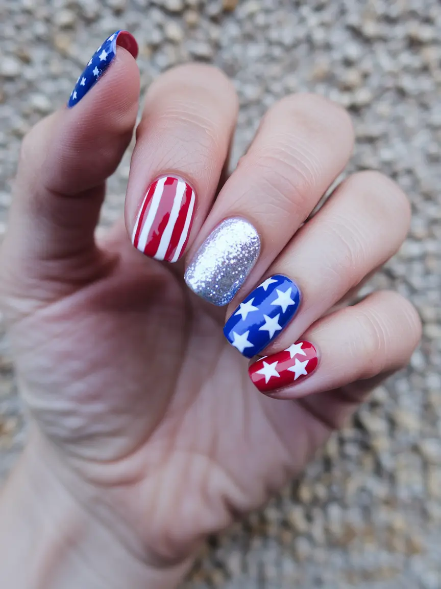 4th of july nails gel Silver Sparkle and Firework Flash