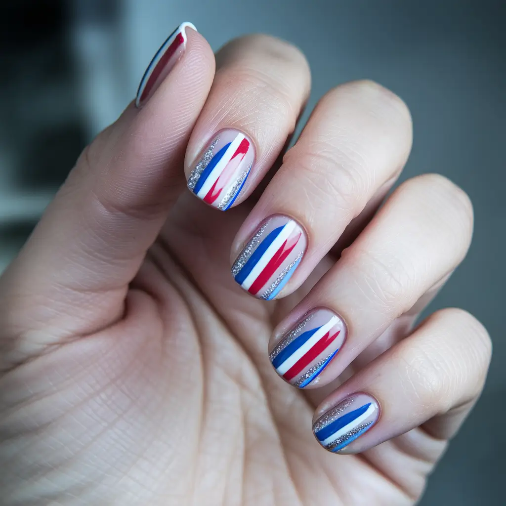 4th of july nails gel Firecracker Lines and Glitter Precision