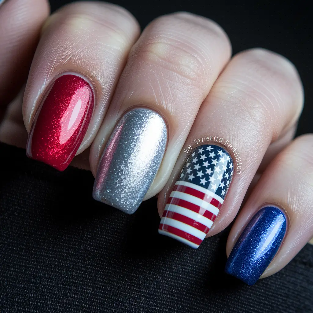 4th of july nails acrylic Classic Chrome Meets Americana Print