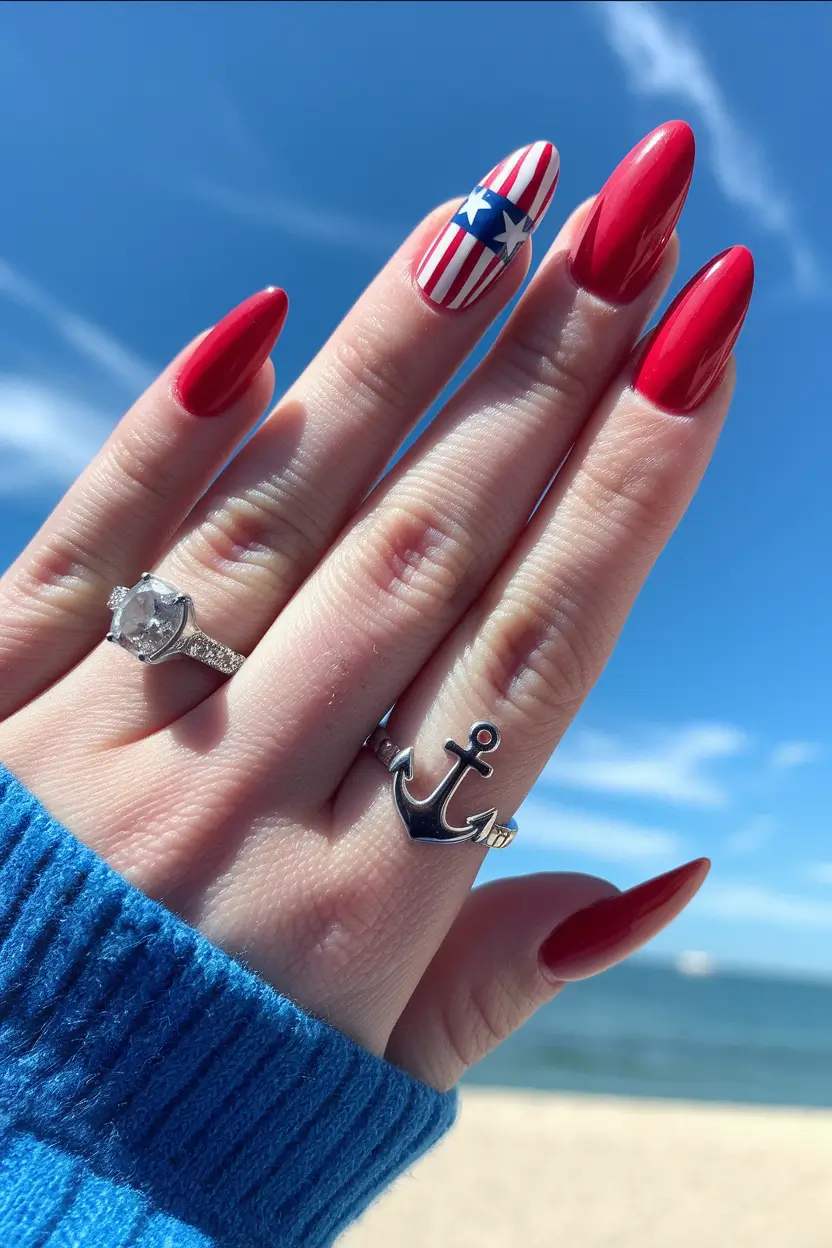 4th of july nails almond Anchored in Red with a Nautical Accent