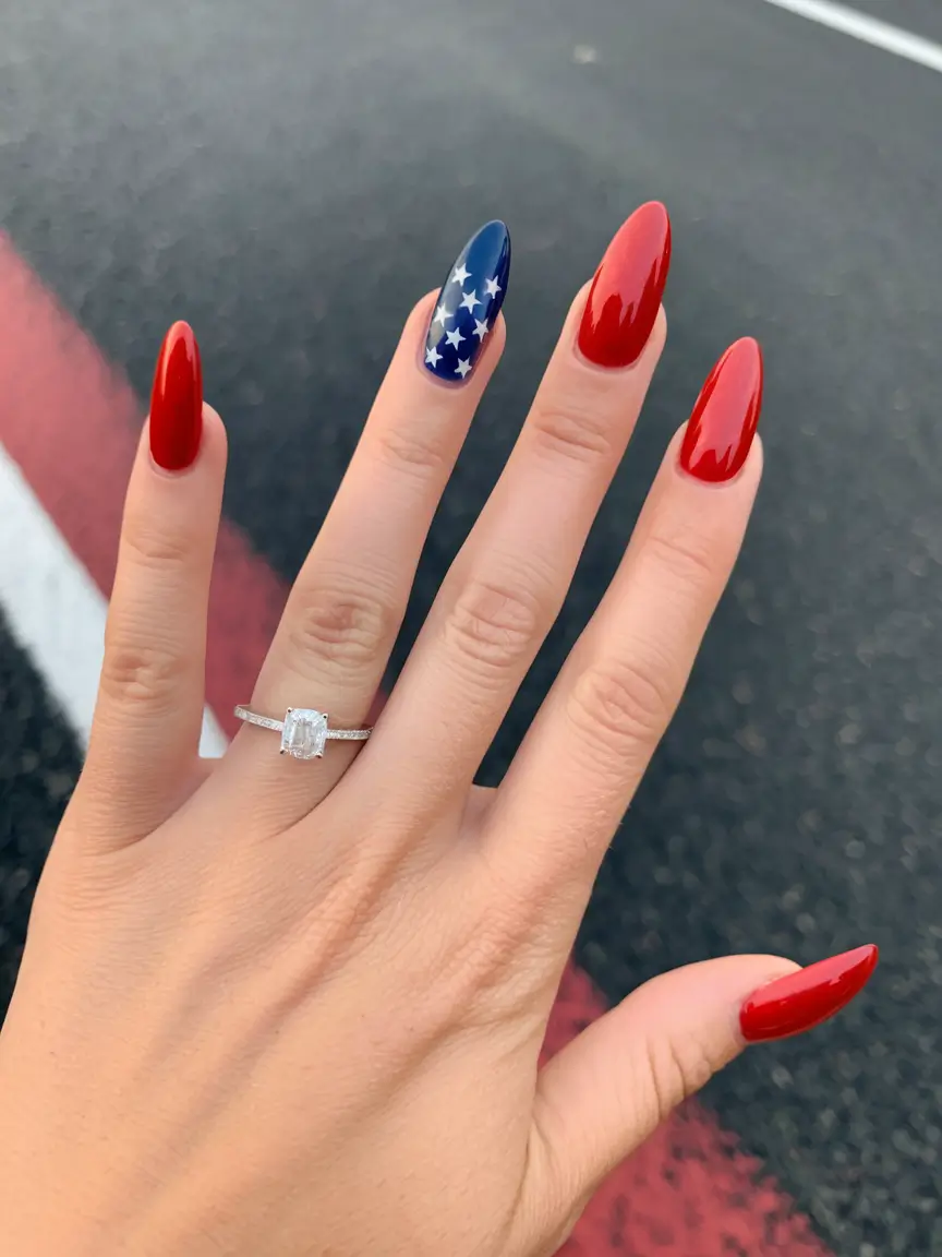 4th of july nails almond Red Velvet and Midnight Stars
