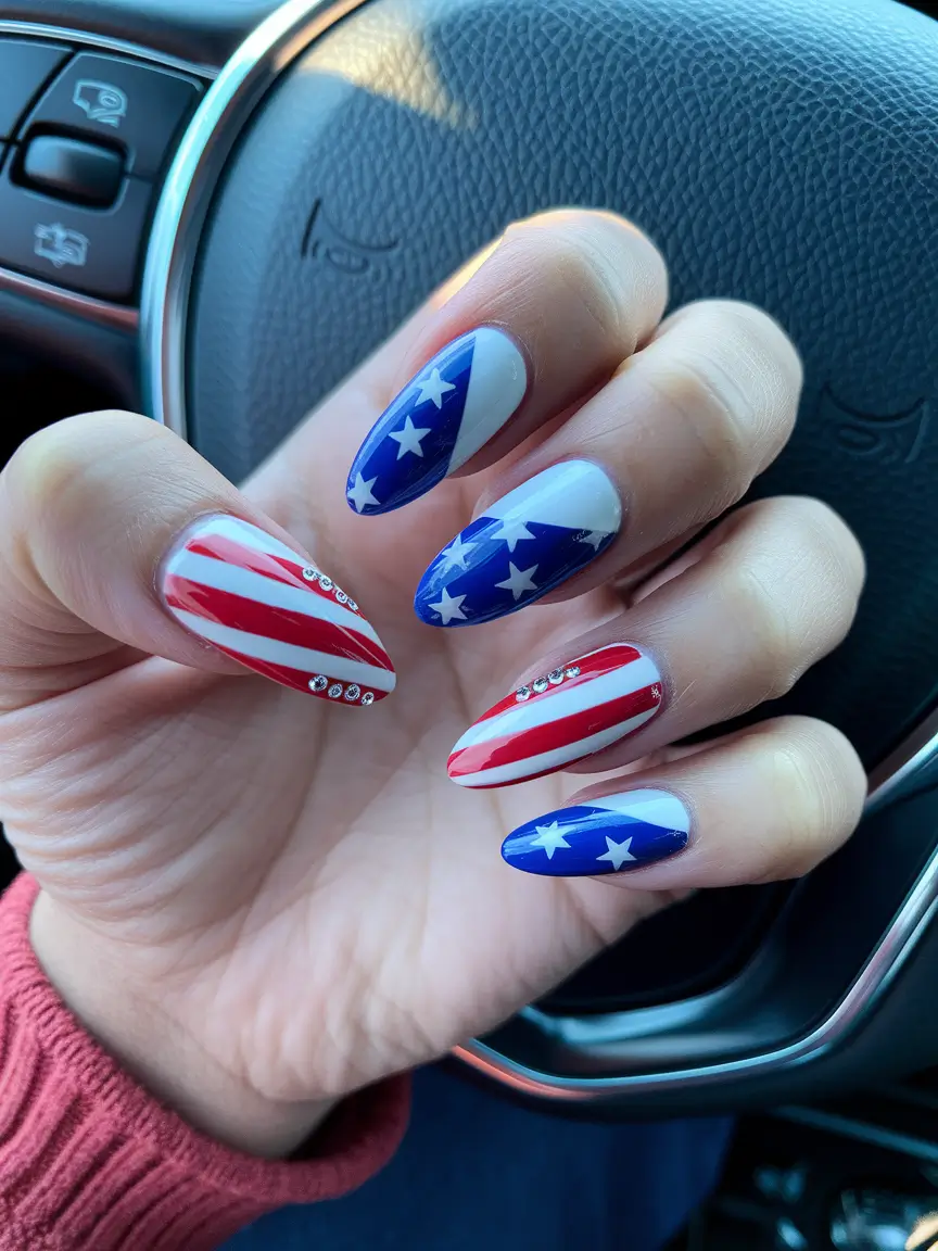 4th of july nails almond Patriotic Glam with a Sparkling Twist