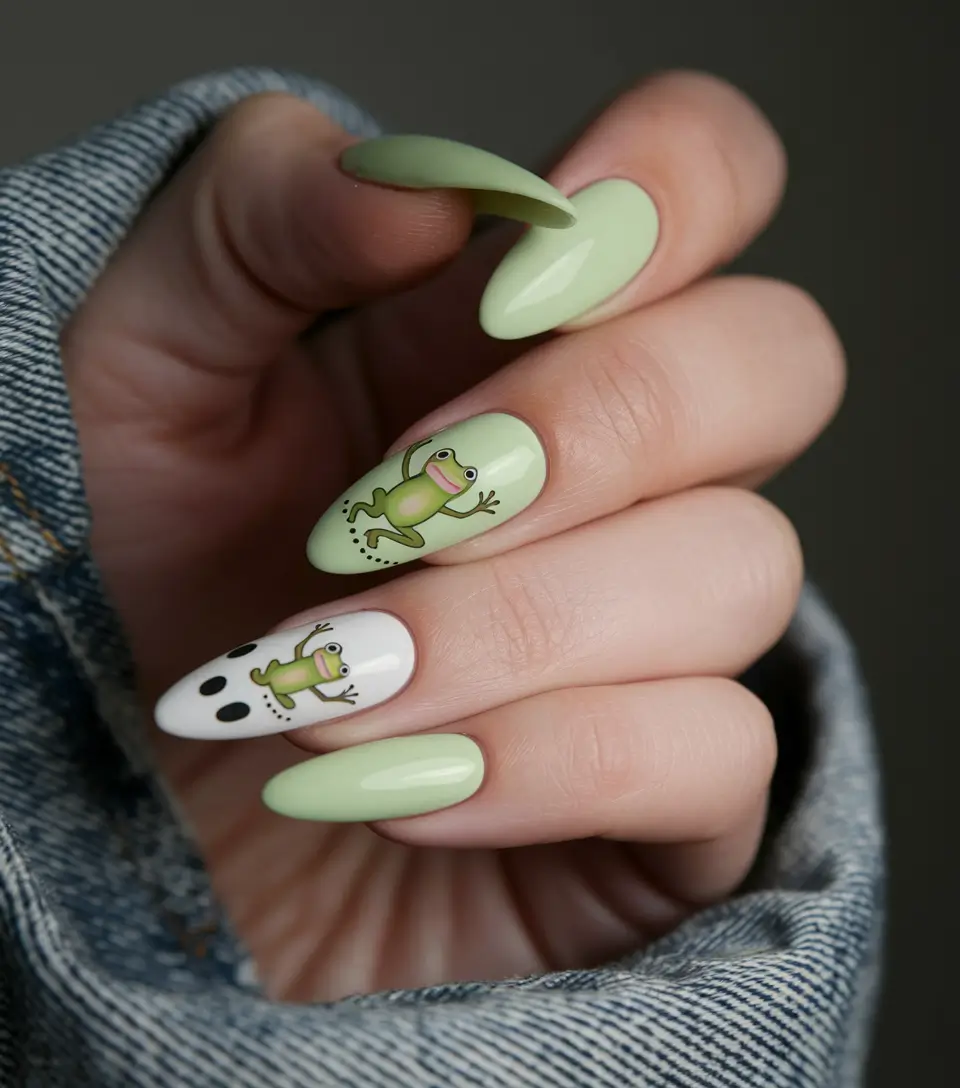 almond nails summer Playful Frogs in Minty Tones
