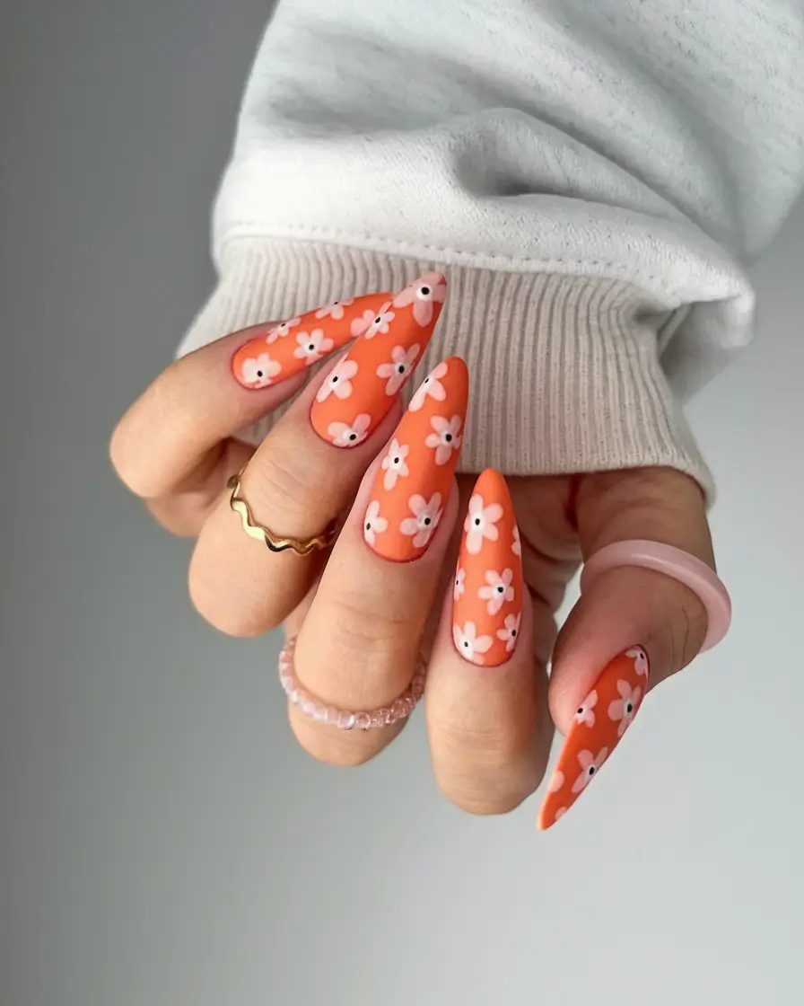 almond nails summer Orange Zest with a Floral Punch