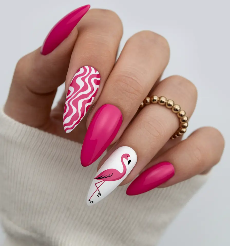 almond nails summer Flamingo Pop and Wavy Play