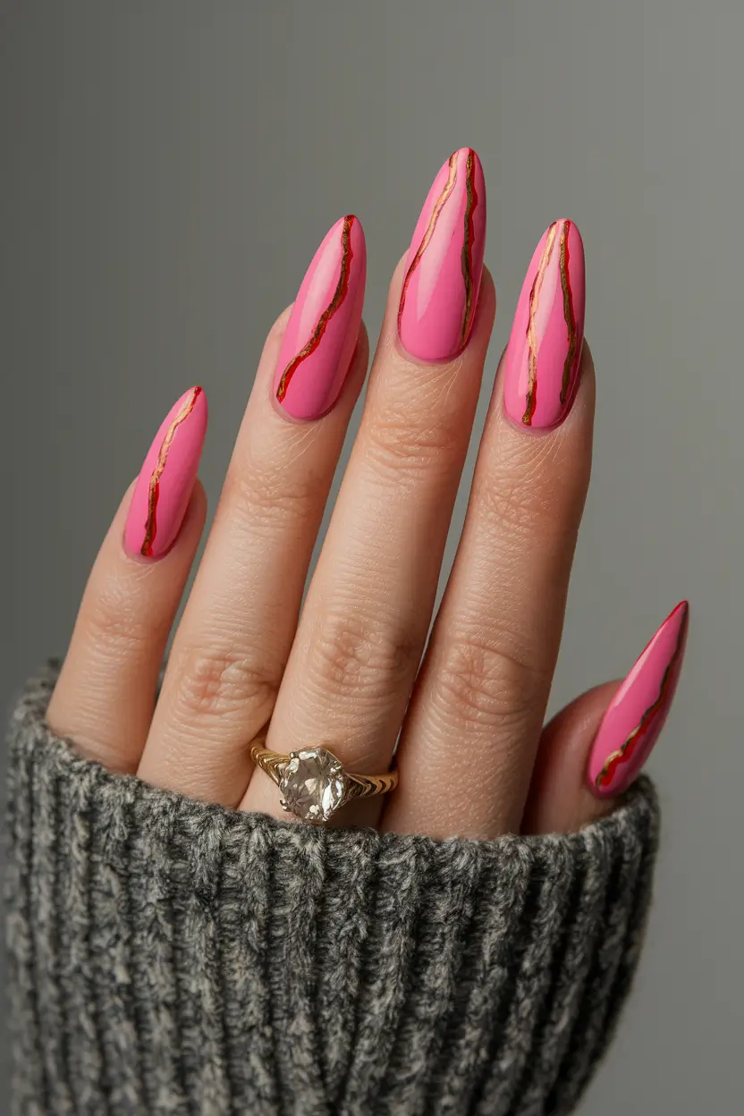 almond nails summer Molten Pink with Golden Veins