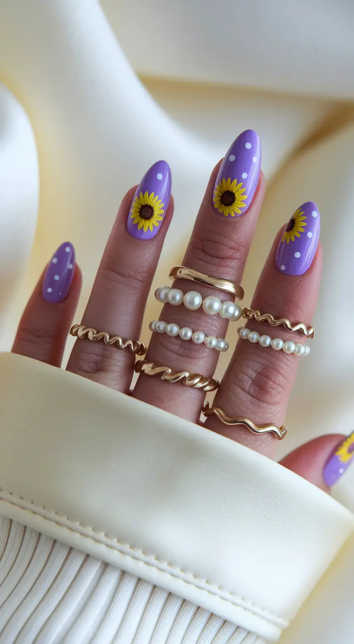 almond nails summer Sunflowers and Polka Dots on Lavender Fields
