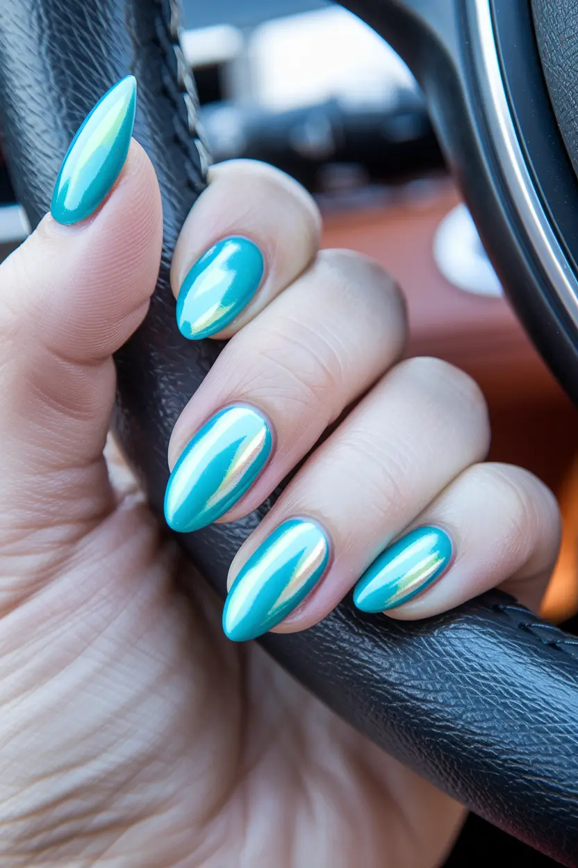 almond nails summer Ocean Chrome Flash