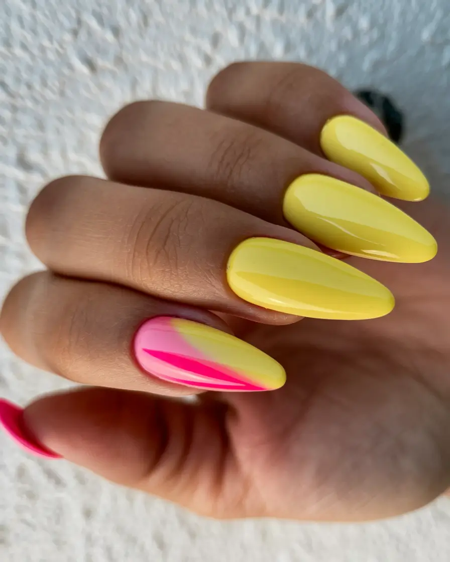 almond nails summer Sunshine Yellow with a Pop of Pink Drama