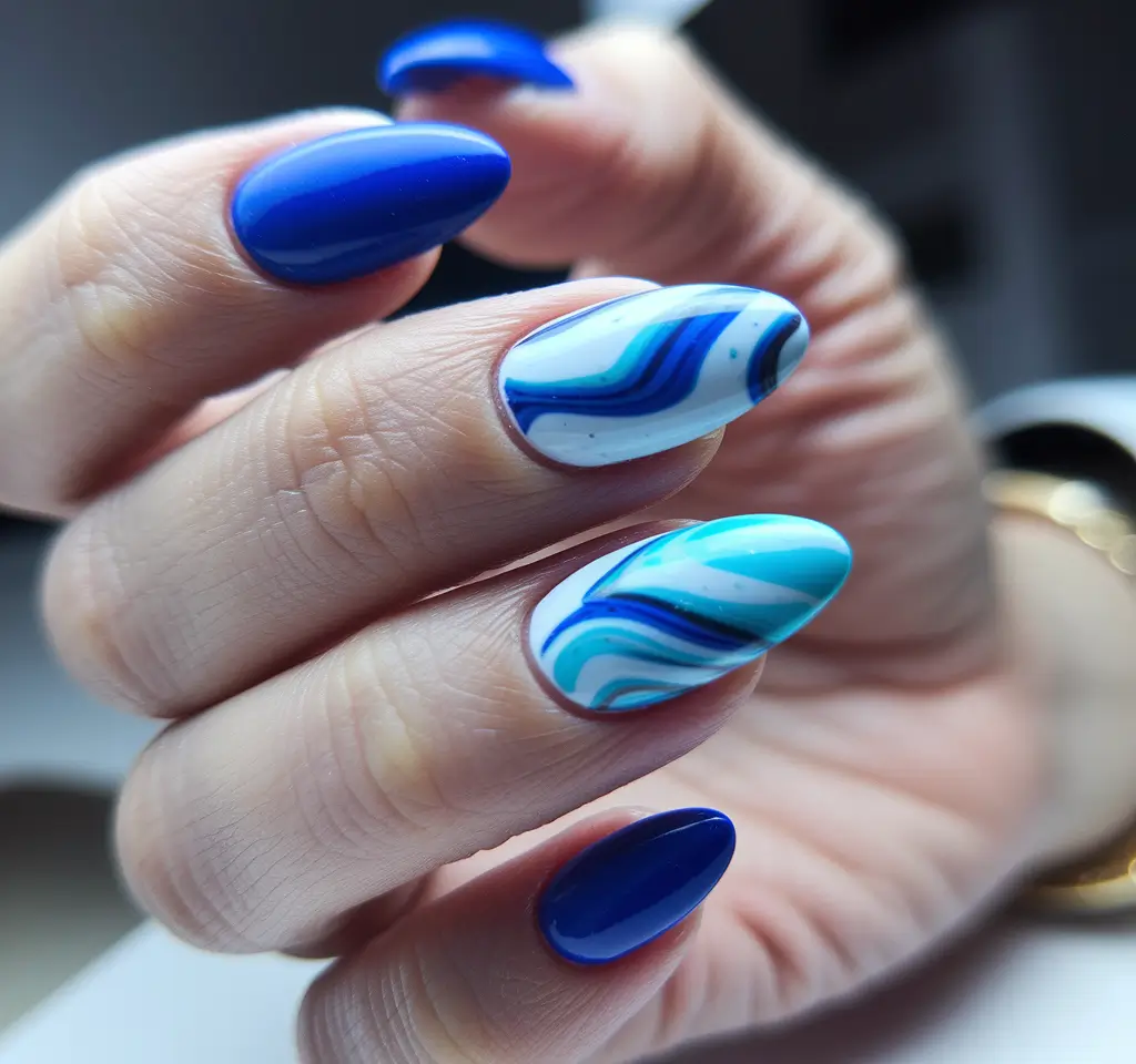 almond nails summer Wavy Ocean Art with Deep Blue Punch