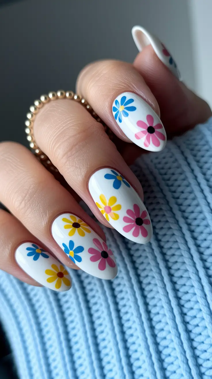 almond nails summer Retro Daisies in White & Primary Hues