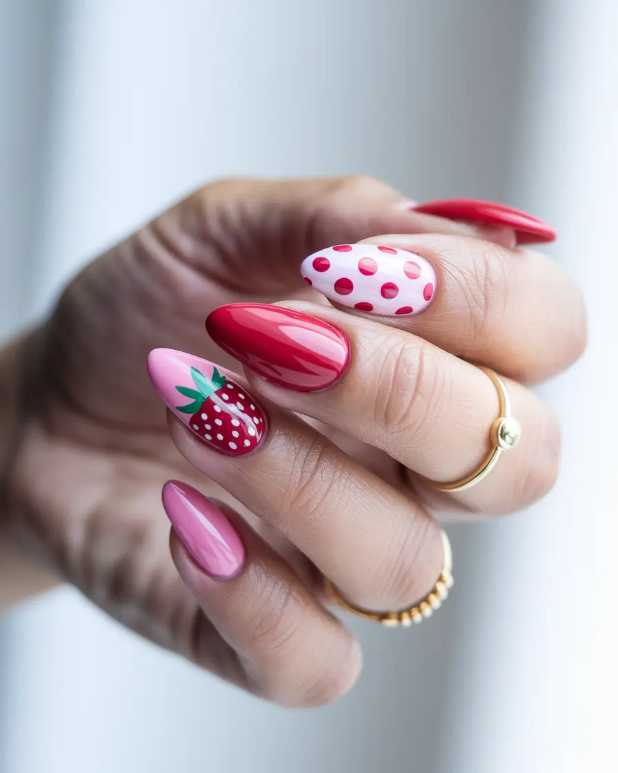 almond nails summer Strawberry Sweet & Dotty Delight