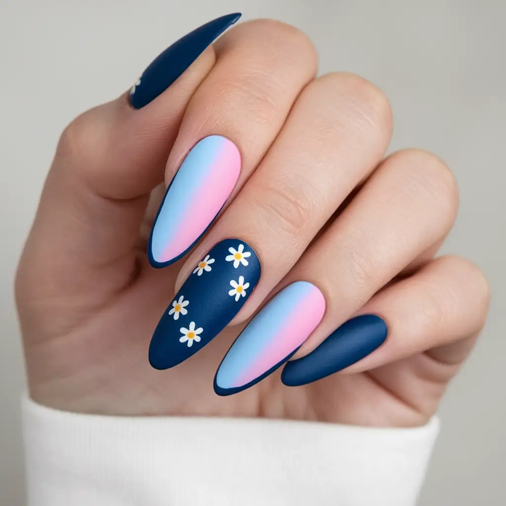 almond nails summer Matte Sunset Fade with Daisy Accents