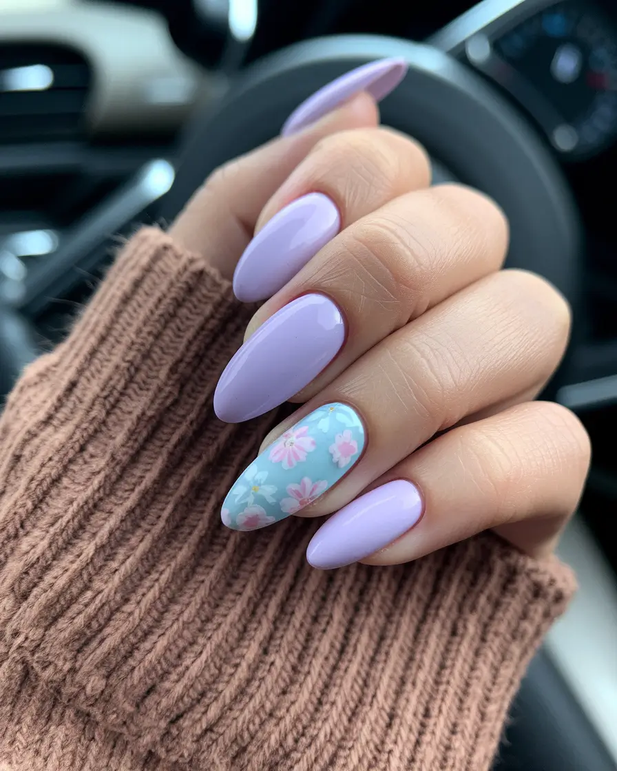 almond nails summer Glossy Lavender with Handpainted Florals