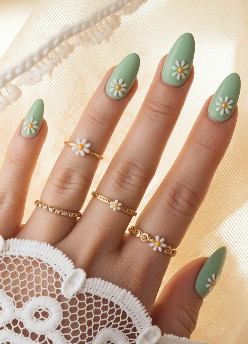 almond nails summer Green Fields and 3D Daisy Dreams