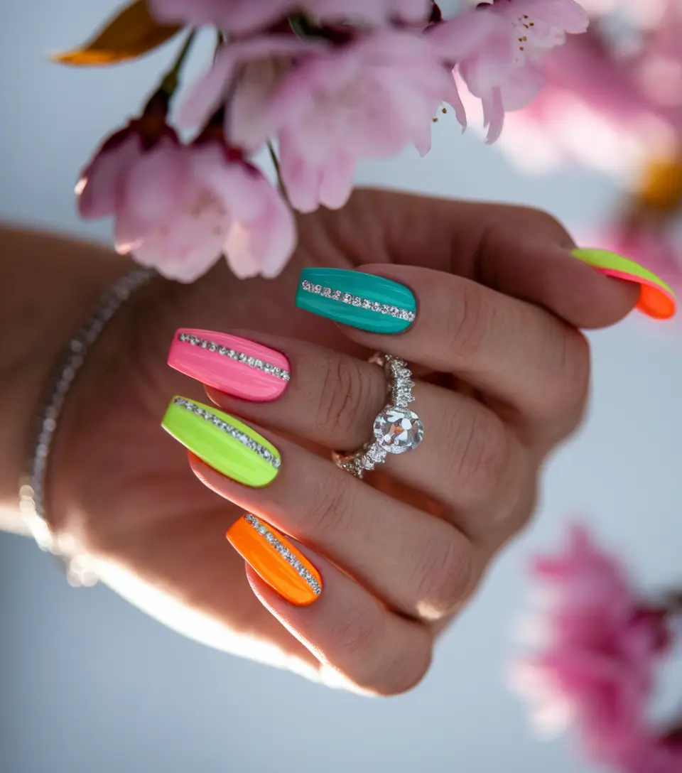 acrylic coffin Neon Glitz and Glam with Rhinestone Drama