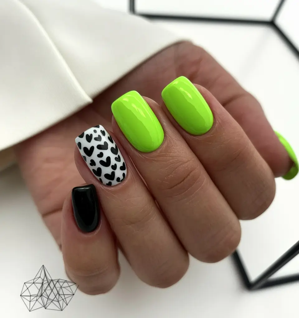 august nails designs 2025 square Lime and Love: Neon Green with Heart Accents