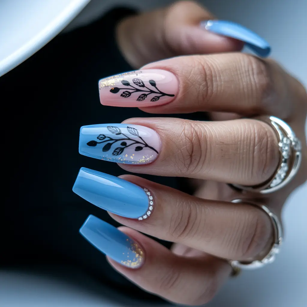 august nails designs 2025 square Twilight Blue with Elegant Black Stems