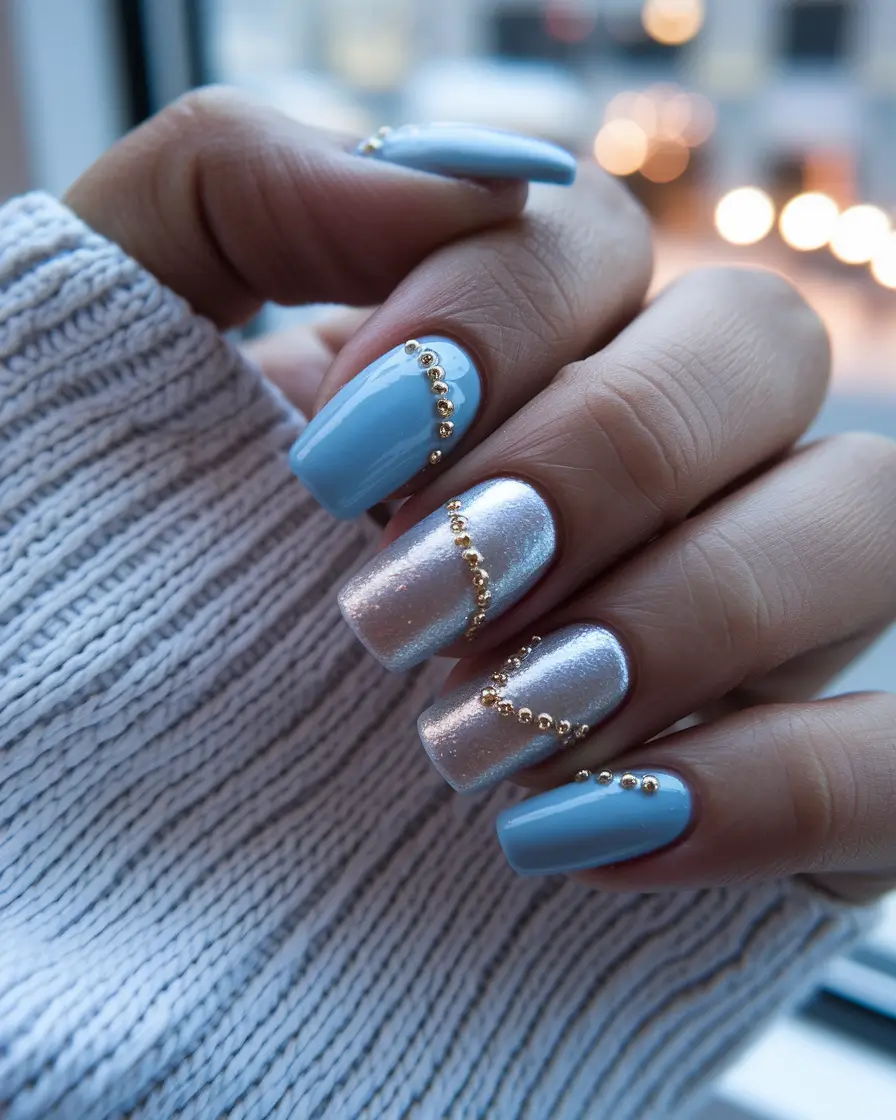 august nails designs simple Silver Shimmer and Baby Blue Beads