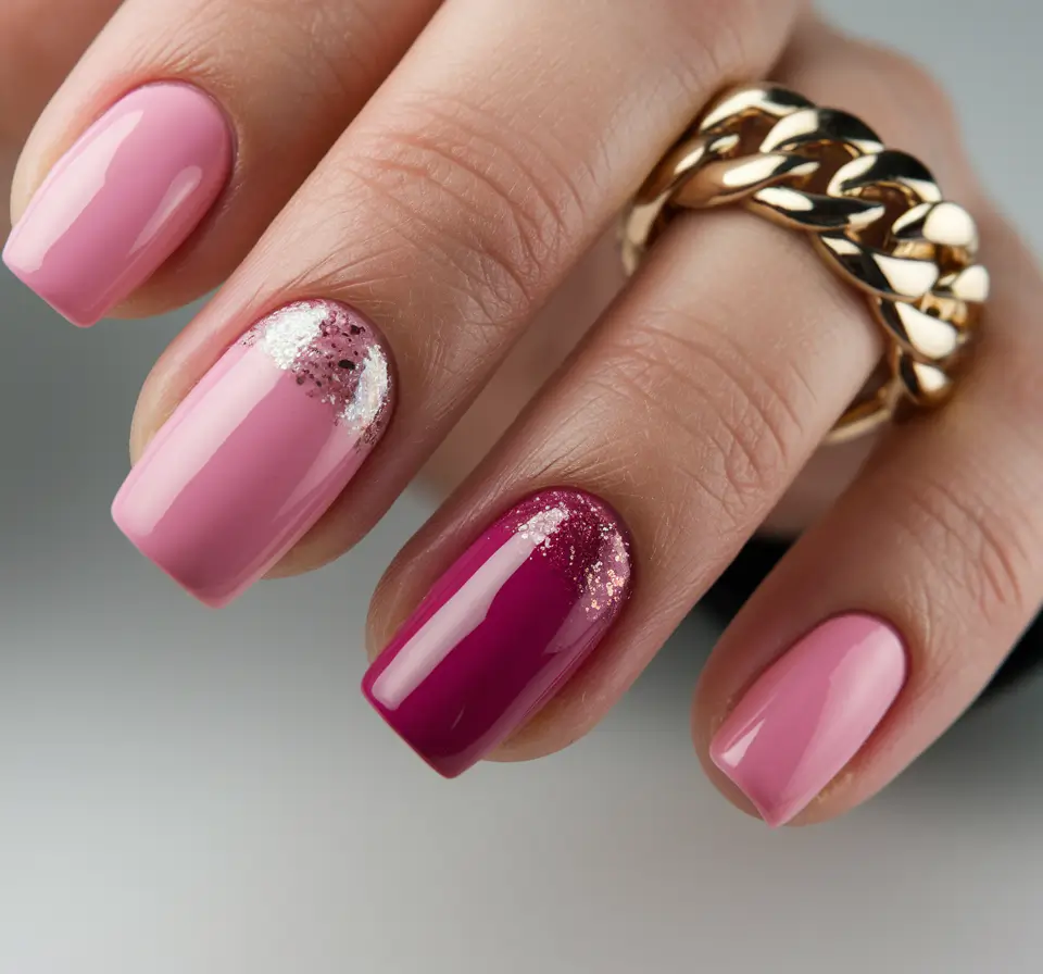 august nails designs short square Raspberry Fade with Sparkling Foil