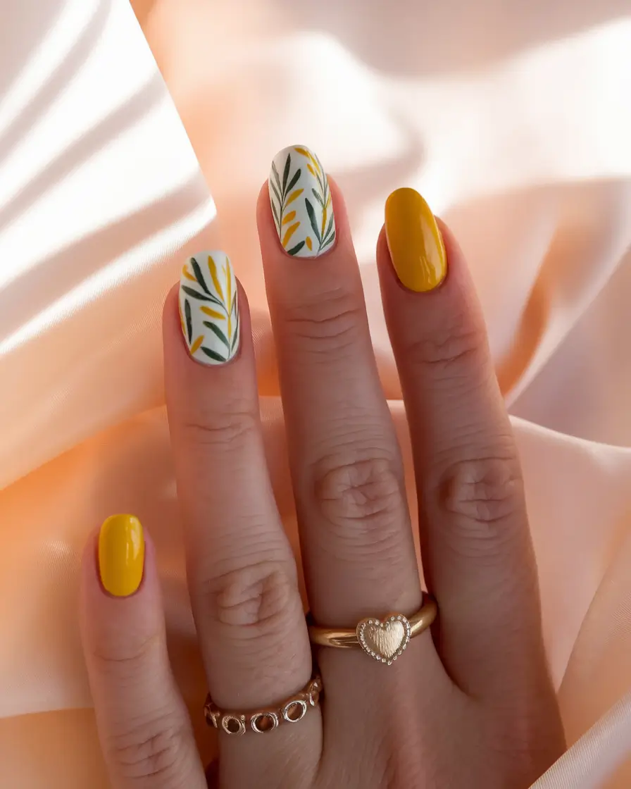 august nails designs almond Sun-Drenched Leaves in Yellow and Olive