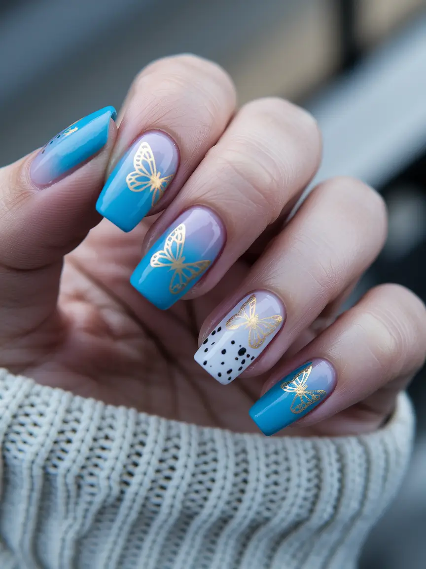 august nails designs 2025 square Whimsical Blue Butterfly Vibes with Touch of 2025 Magic