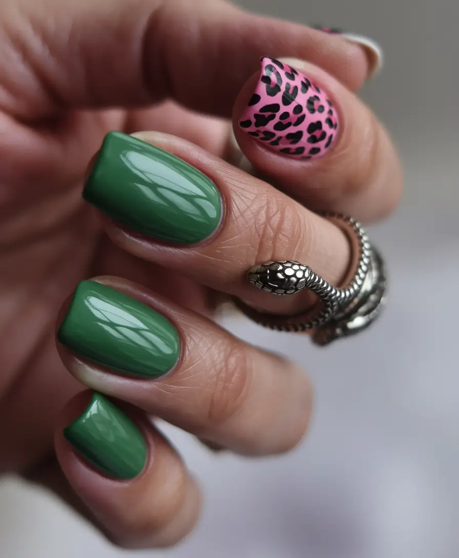 august nails designs short square Forest Green Meets Wild Pink Leopard Energy