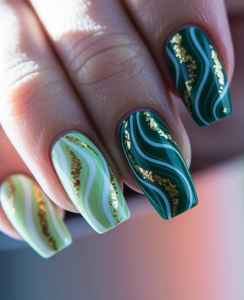 august nails designs acrylic Glossy Marble Waves in Deep and Minty Greens
