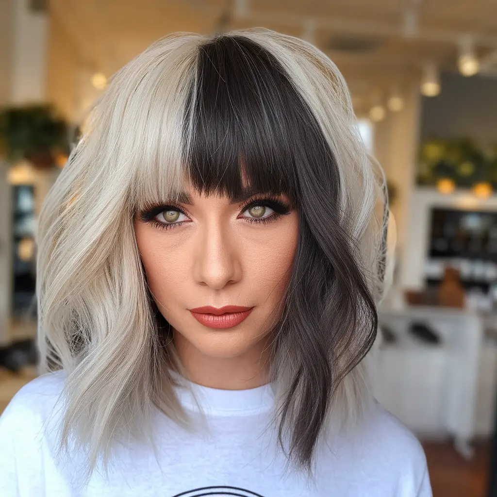 august hair color ideas - Two-Toned Contrast with Blunt Fringe Drama