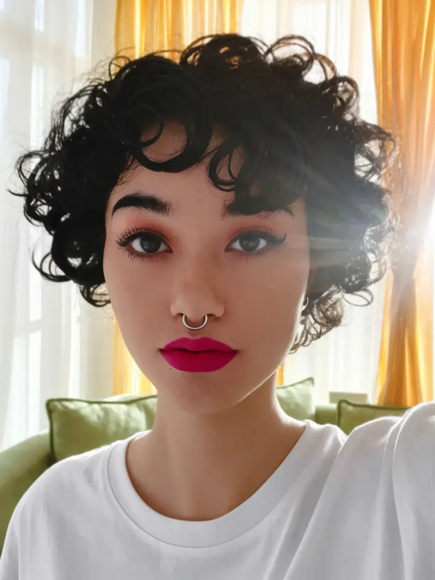 august hair color ideas - Soft Black Pixie Curls with Airy Volume