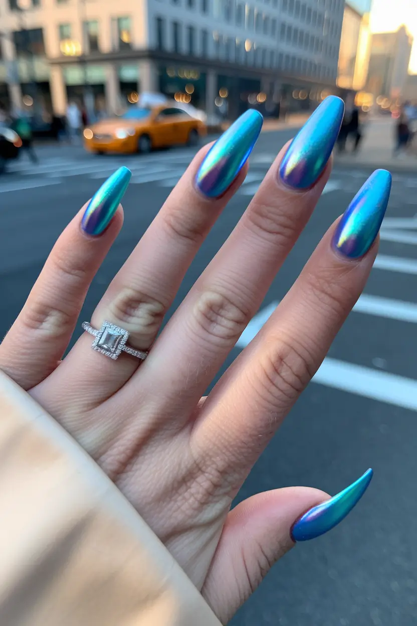 august nails color ideas 2025 Electric Chrome Blues for City Heatwaves