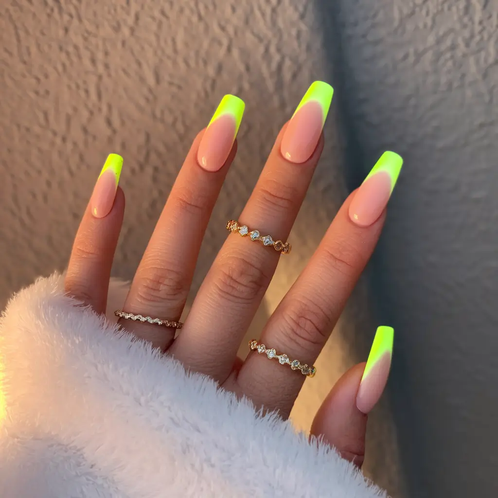 august nails color ideas 2025 Neon Glow Fade with Almond Shine