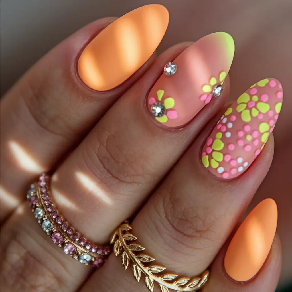 august nails color ideas 2025 Retro Floral Art with a Matte Twist