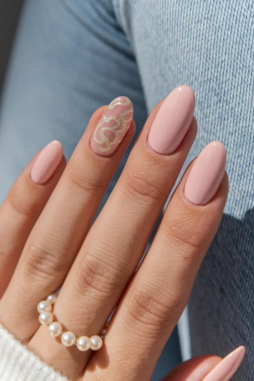 august nails color ideas Blush Pink with Gilded Swirls