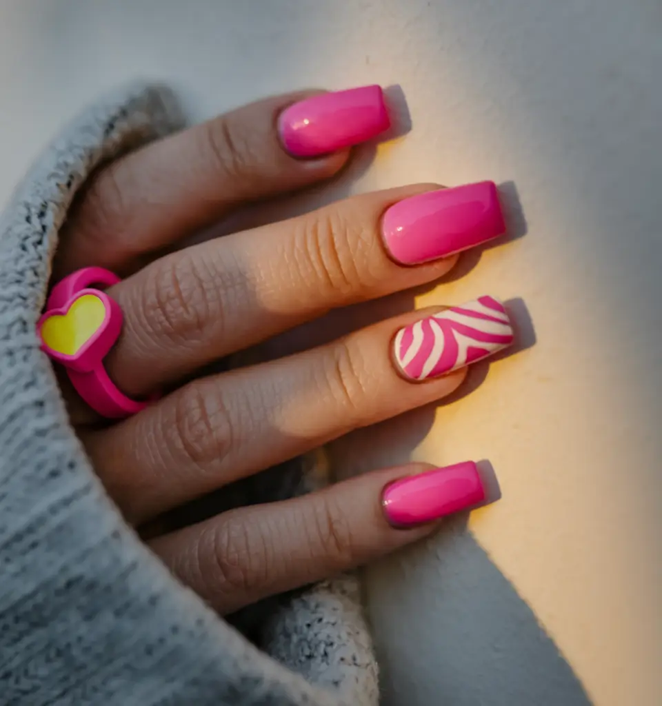 august nails color ideas 2025 Hot Pink + Zebra: The Summer Pop