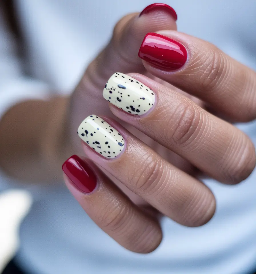 august nails color ideas 2025 Spotted Cream and Red Elegance