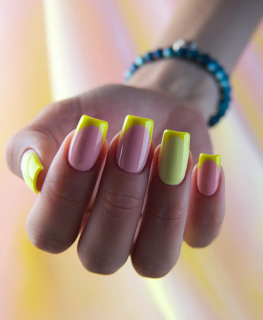 august nails color ideas 2025 Neon French Tips with a Citrus Twist