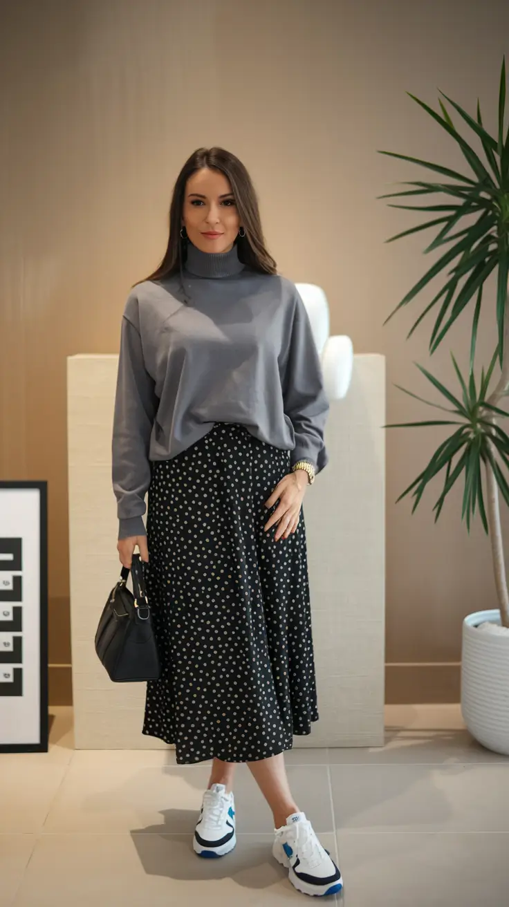 fall outfits Playful Elegance in Polka Dots & Sneakers