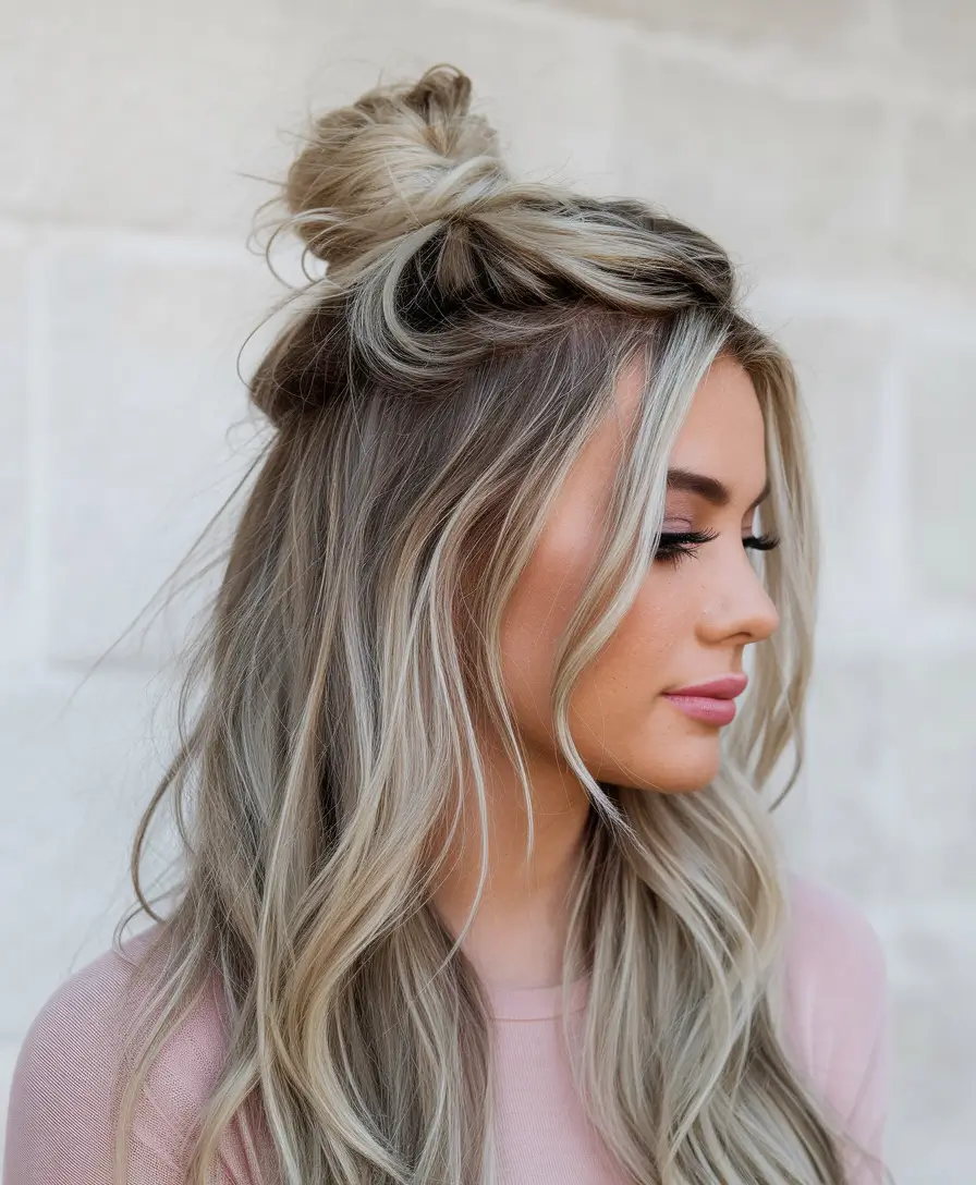 first day of school hairstyles for teens Half-Up Twisted Top Knot with Loose Waves