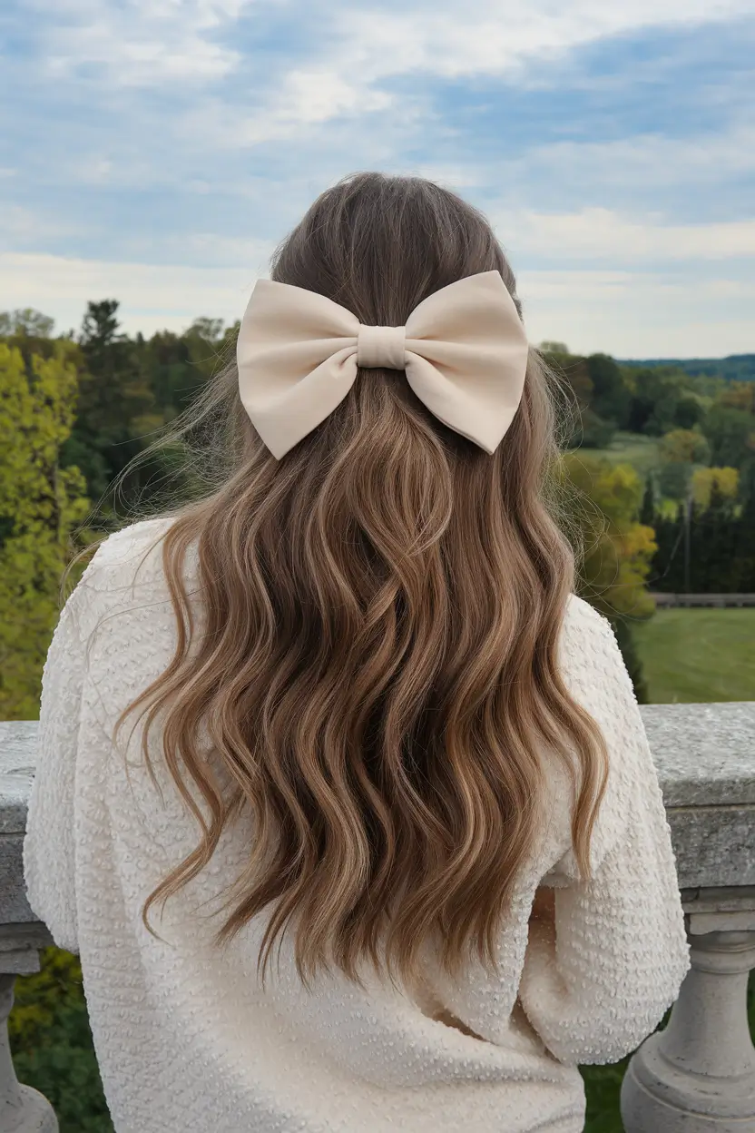 first day of school hairstyles natural Loose Waves with Oversized Cream Bow
