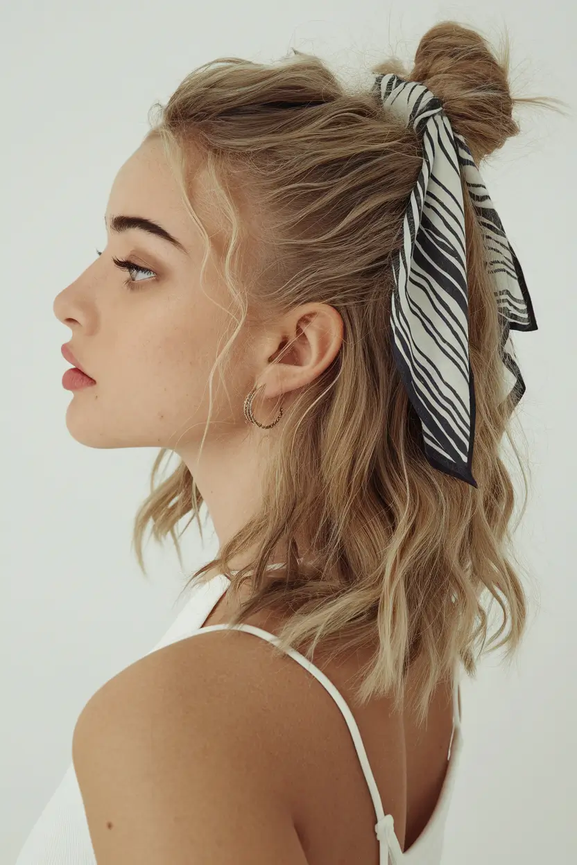 first day of school hairstyles short Messy Top Knot with Ribbon Accent