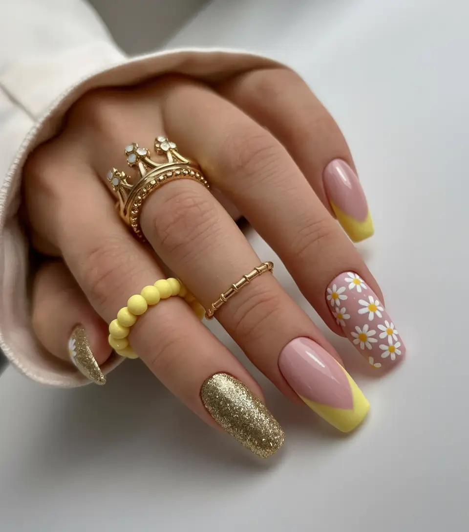 end of summer nails 2025 Golden Daisies and Sunshine Tips