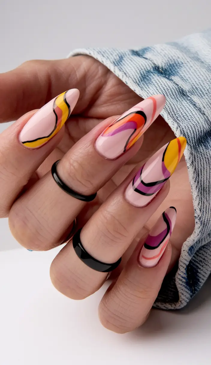 end of summer nails ideas acrylic Modern Art Lines in Sunset Tones