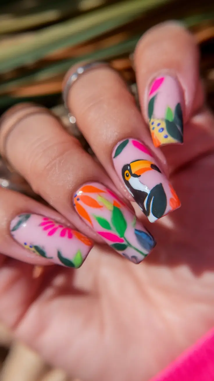 end of summer nails ideas 2025 Toucan Tropics With a Jungle Beat