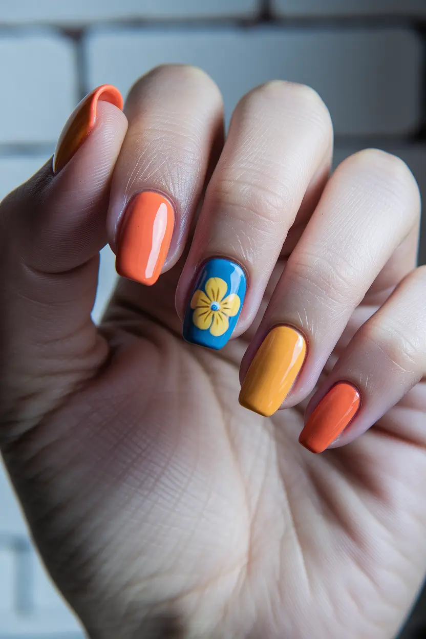 end of summer nails color Popsicle Orange Meets Blue Bloom