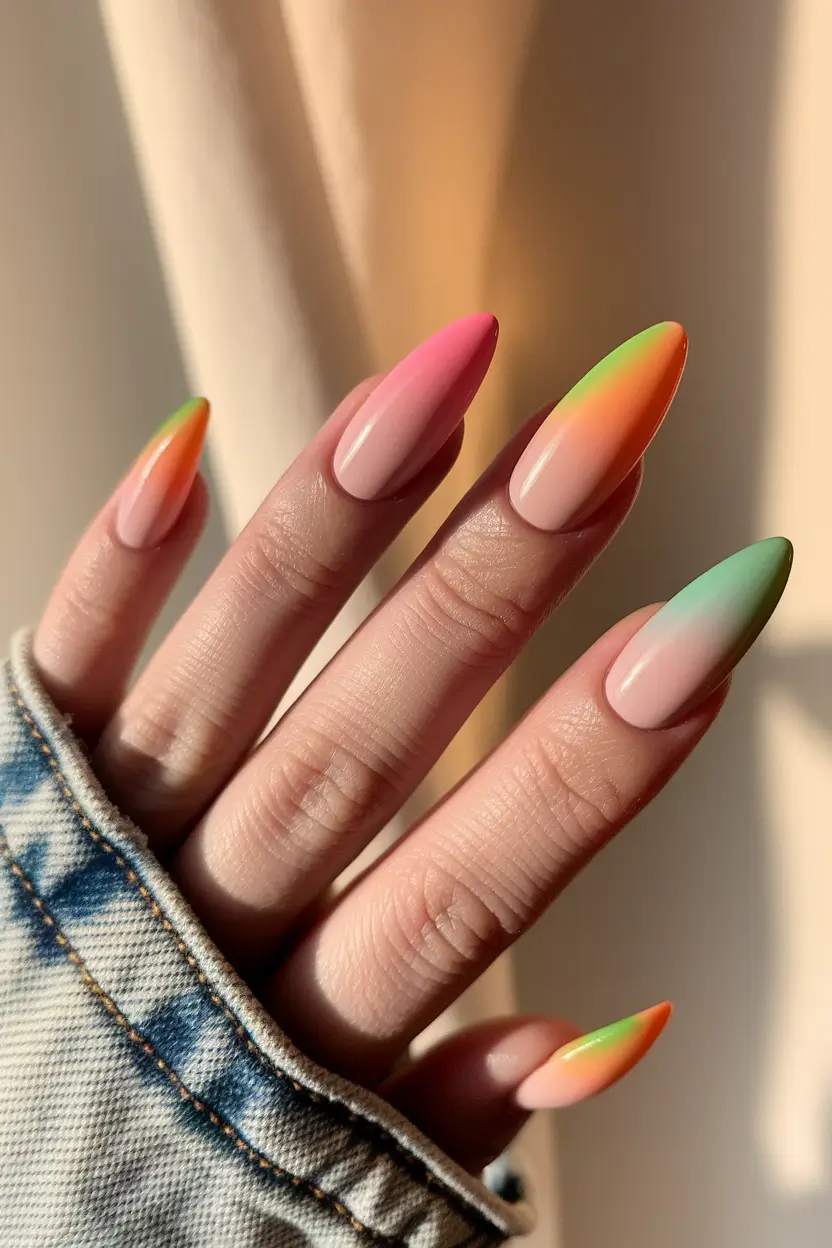 end of summer nails color Sunset Ombre With a Pop Twist