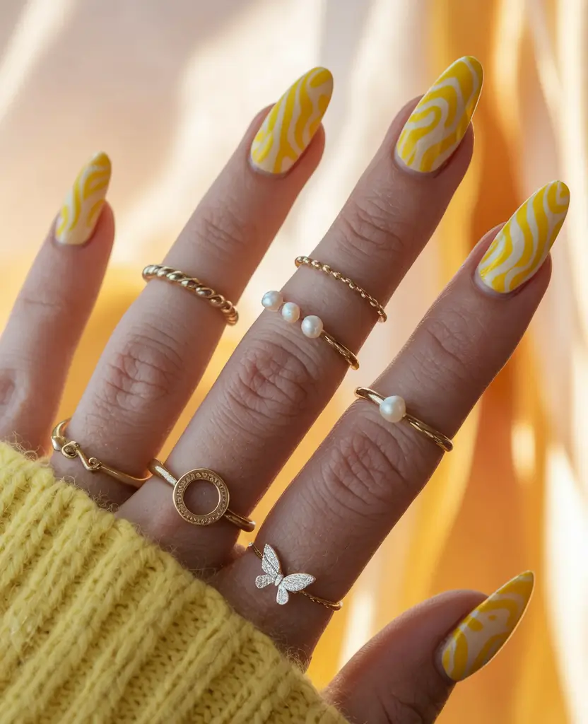 end of summer nails ideas 2025 Golden Hour Swirls in Sunshine Yellow