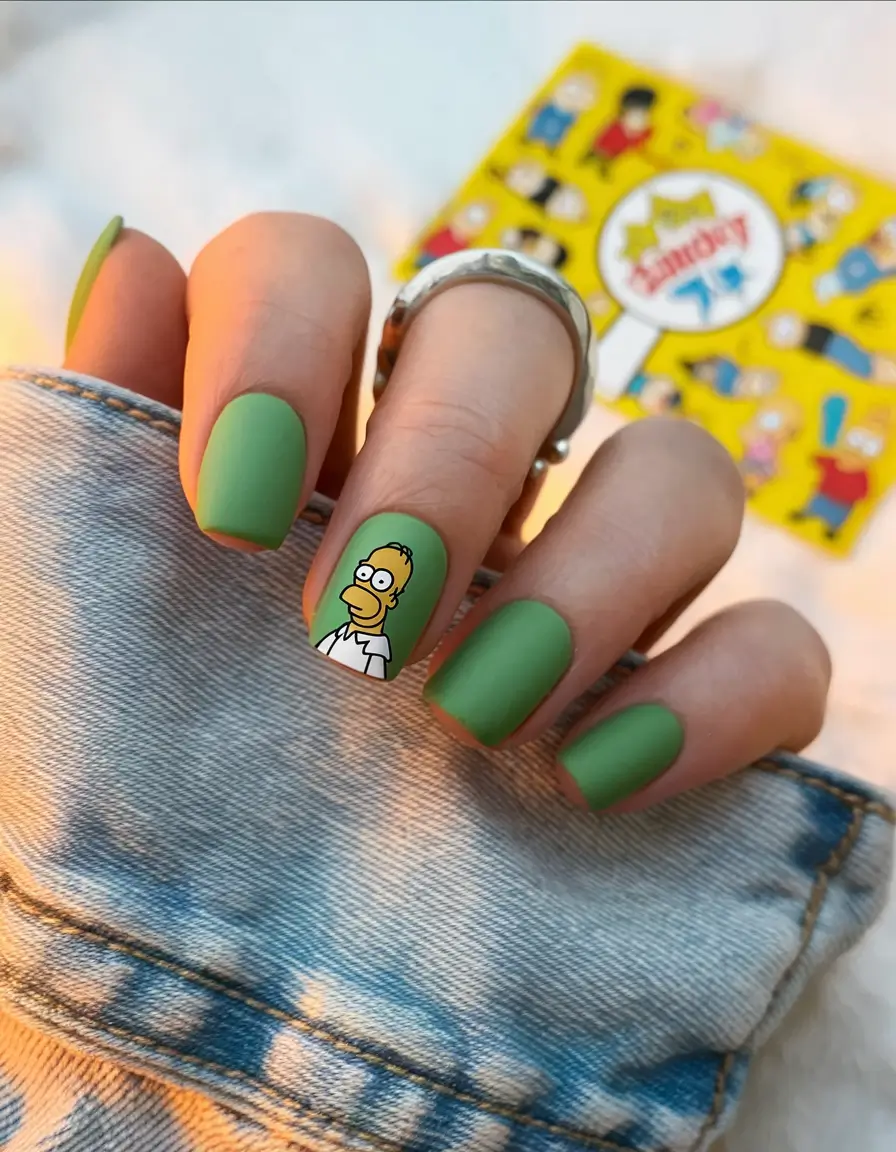cute summer nails Green Matte with Homer Detail